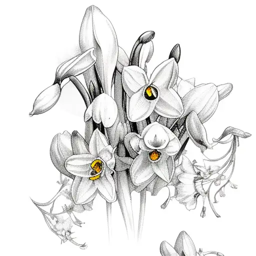 boquet with snowdrop, daffodil, violet, honeysuckle tattoo design idea