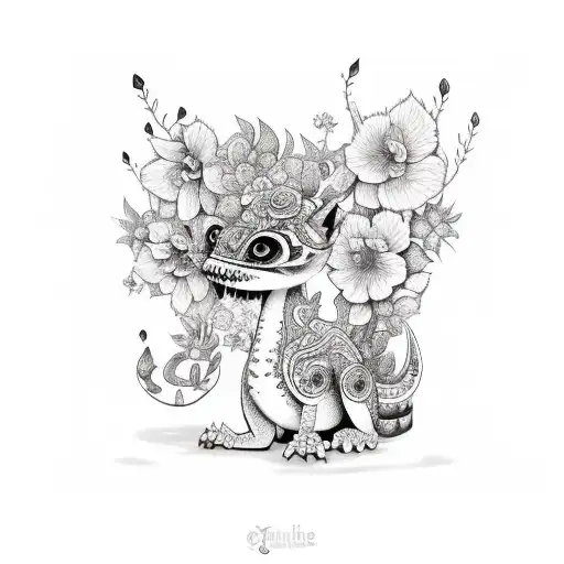 cute alebrije surrounded by flowers tattoo design idea