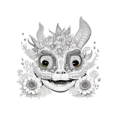 cute alebrije surrounded by flowers tattoo design idea