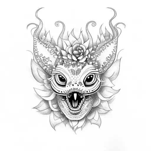 alebrije surrounded by flowers tattoo design idea