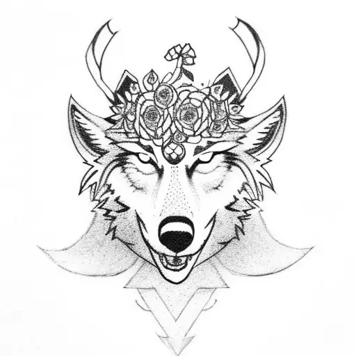 A wolf wearing a football jersey with a flower crown tattoo design idea