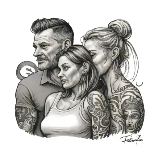 family, husband with wife and daughter tattoo design idea