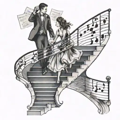 Two dancing people walking up the stairs from the piano keys, around the sheet music tattoo design idea