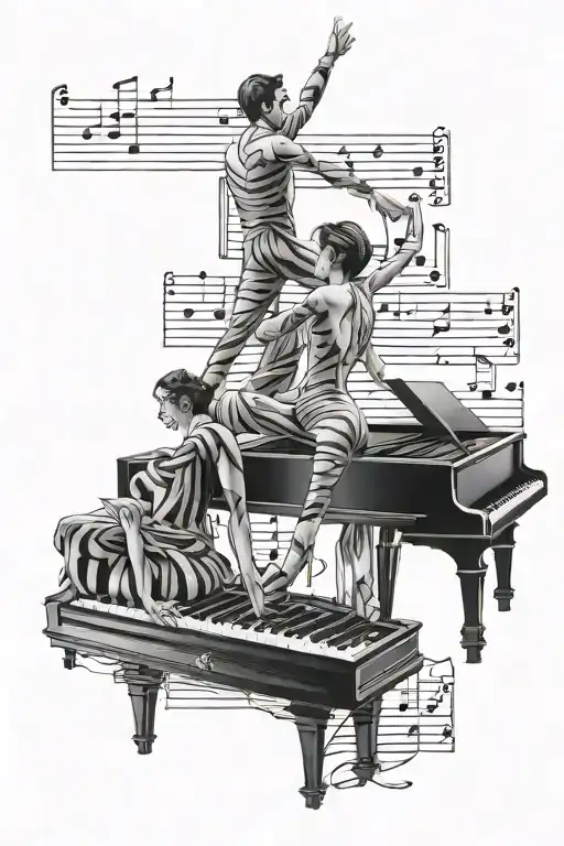 two dancing people, a ladder of piano keys, sheet music tattoo design idea