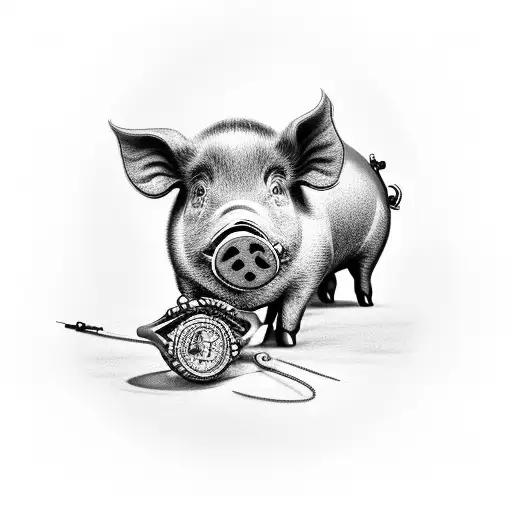 A black-grey tattoo of a pig wearing a ring and holding a fishing net tattoo design idea