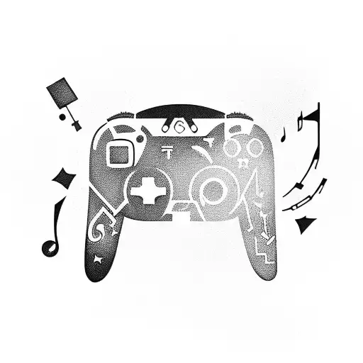 A gamer's hand holding a controller with musical notes and starry background tattoo design idea