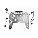 A gamer's hand holding a controller with musical notes and starry background tattoo design idea