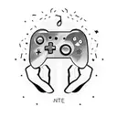 A gamer's hand holding a controller with musical notes and starry background tattoo design idea