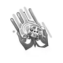 A gamer's hand holding a controller with musical notes and starry background tattoo design idea