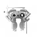 A gamer's hand holding a controller with musical notes and starry background tattoo design idea