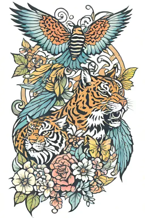 rooster tiger bee butterfly dove parrot tattoo design idea