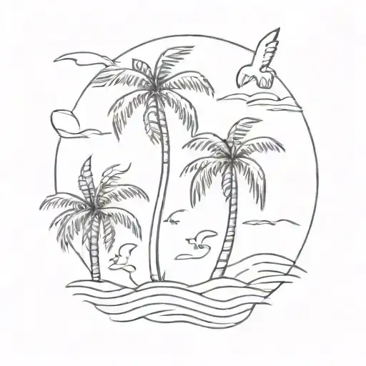 Sea waves sun birds palm tree tattoo design idea
