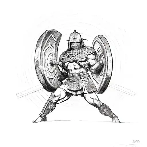 A detailed sketch of a Spartan warrior lifting a dumbbell with determination tattoo design idea