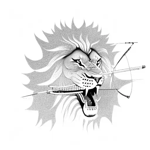 A fierce lion standing proudly atop a Japanese castle, with a fishing rod in its mouth tattoo design idea