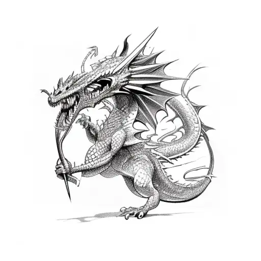 Quill Pen fighting a dragon with music notes tattoo design idea
