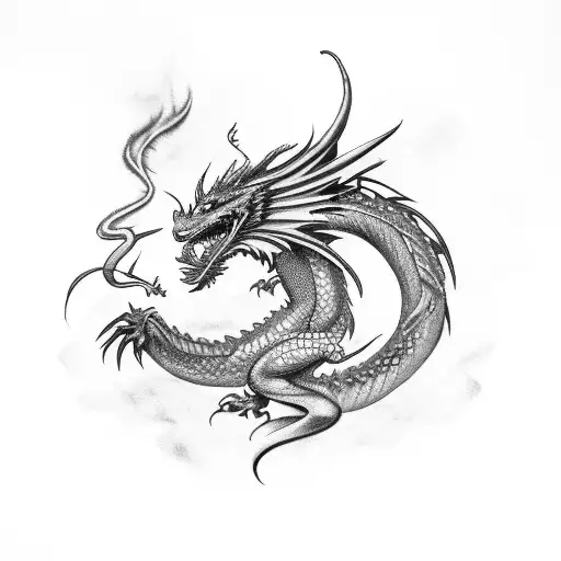 Dragon fighting a feather quill pen with fire and music notes tattoo design idea