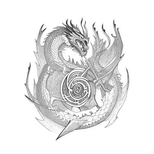 Quill Pen fighting a dragon with music notes tattoo design idea