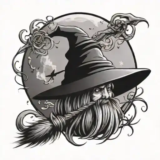 witch broom with hat infront of moon surrounded tattoo design idea