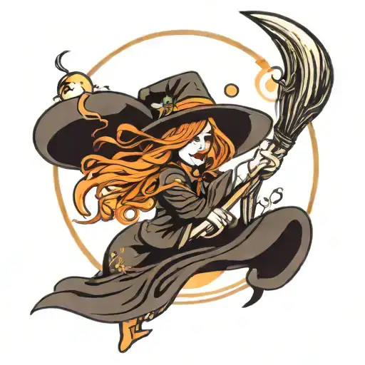 witch broom with hat infront of moon surrounded tattoo design idea