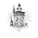 The Kröpcke clock tower surrounded by football players and beer bottles tattoo design idea