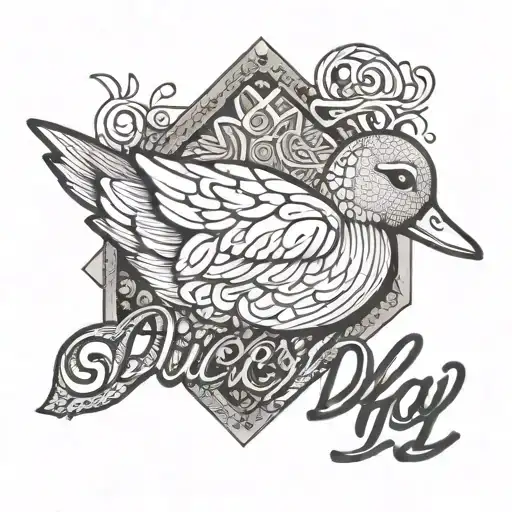  "Ducky" in elegant script font along with the date "Aug 3 2024"   tattoo design idea