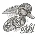 "Ducky" in elegant script font along with the date "Aug 3 2024"   tattoo design idea