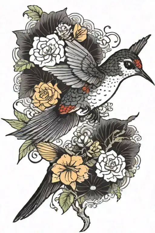 hummingbird, begonias, black cat tattoo design idea