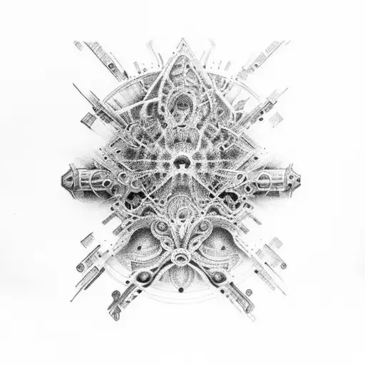 "DALL·E, create a stunning and intricate biomechanical tattoo design for the leg that seamlessly blends organic and geom tattoo design idea