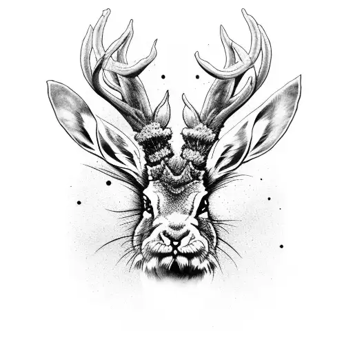Scary Jackalope head with flowers tattoo design idea