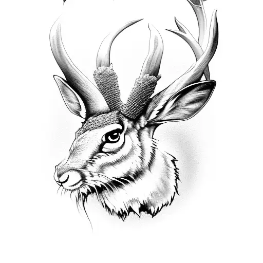 Horror Jackalope head with third eye and flowers tattoo design idea