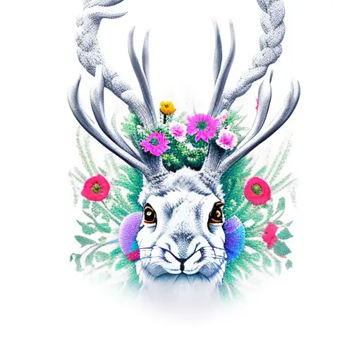 Jackalope head with flowers and a heart around him tattoo design idea