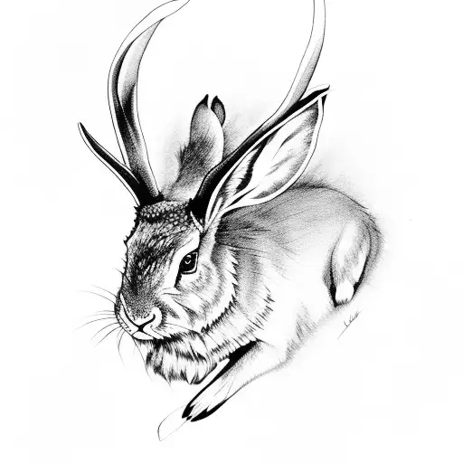 Dark art Jackalope head with third eye and flowers tattoo design idea