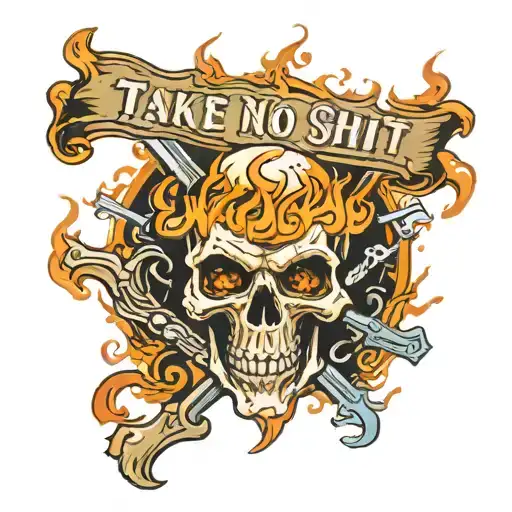 Flaming skull, christian cross, banner on top with text TAKE NO SHIT, banner on bottom with text GIVE 'EM HELL, angry tattoo design idea