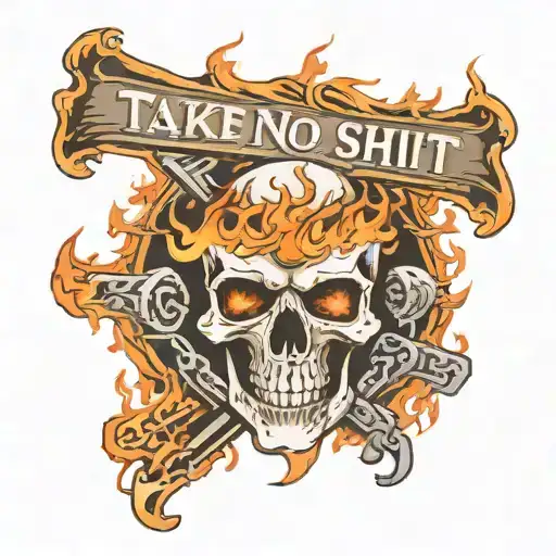 Flaming skull in front of a cross. Banner above with text TAKE NO SHIT. Banner below with text GIVE 'EM HELL. Angry. tattoo design idea