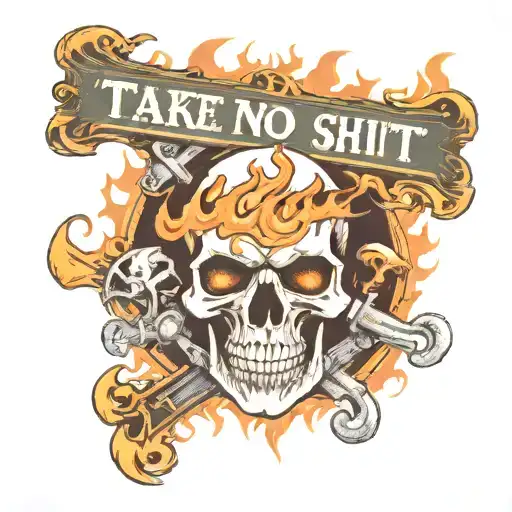 Flaming skull in front of a cross. Banner above with text TAKE NO SHIT. Banner below with text GIVE 'EM HELL. Angry. tattoo design idea