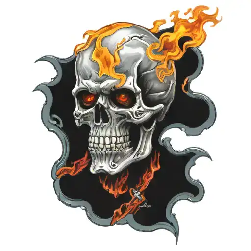 Flaming skull, christian cross, banner on top with text TAKE NO SHIT, banner on bottom with text GIVE 'EM HELL, angry tattoo design idea
