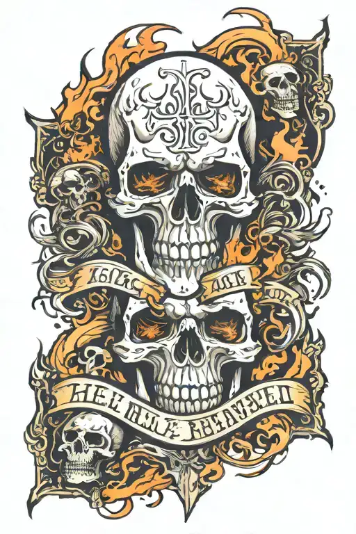 Flaming skull, christian cross, banner on top with text TAKE NO SHIT, banner on bottom with text GIVE 'EM HELL, angry tattoo design idea