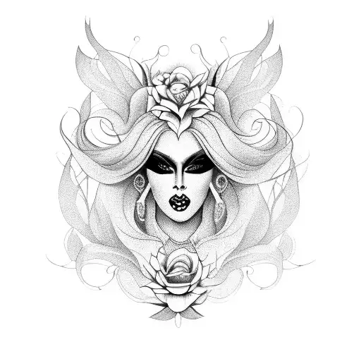 A mythical creature combining the elegance of a drag queen and the beauty of a flower tattoo design idea