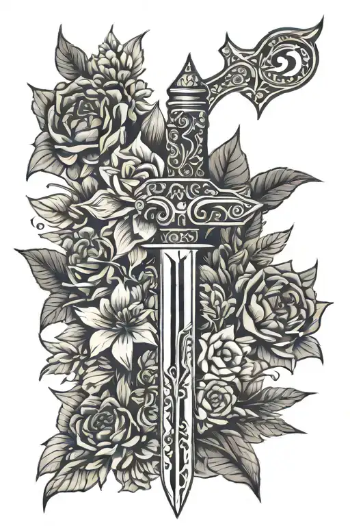 Celestial dagger with flowers tattoo design idea