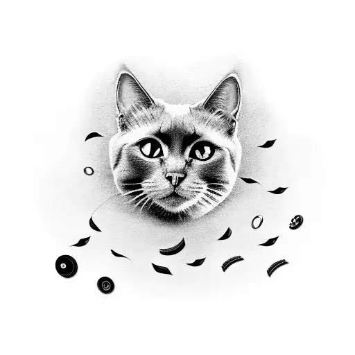 a black cat head, surrounded by movie reels tattoo design idea