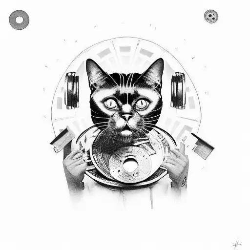 A hip-hop dancer with a black cat head, surrounded by movie reels tattoo design idea