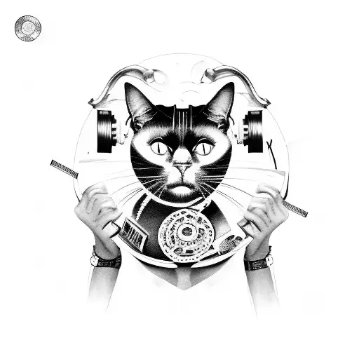 A hip-hop dancer with a black cat head, surrounded by movie reels tattoo design idea