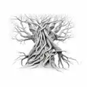 branches holding a medalian with intricate roots intertwined with bricks tattoo design idea