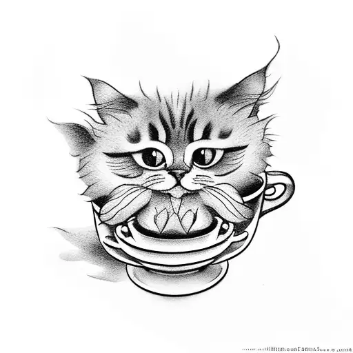 tattoo flash of a cute cat drinking a cup of hot coffee, tim burton style tattoo design idea