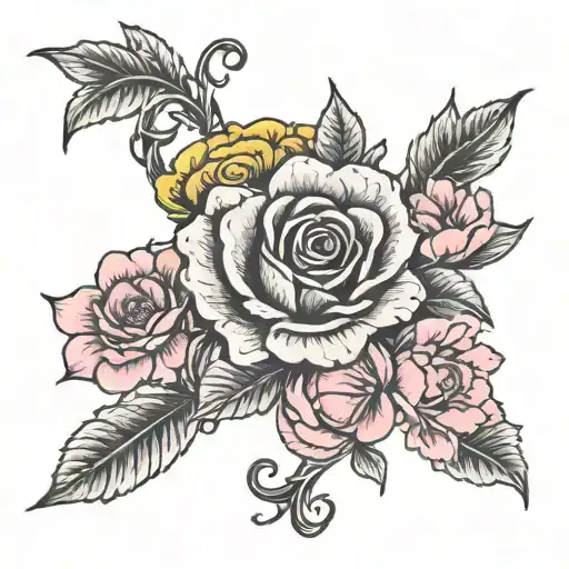 infinity symbol with yellow rose red poppy and pink cherry blossom  tattoo design idea