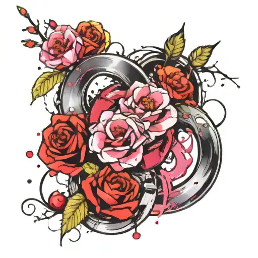 infinity symbol with small, yellow rose, small red poppy and pink cherry blossom entwined  tattoo design idea