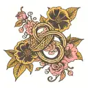 infinity symbol with small, yellow rose, small red poppy and pink cherry blossom entwined  tattoo design idea