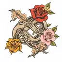 infinity symbol with small, yellow rose, small red poppy and pink cherry blossom entwined  tattoo design idea