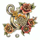 infinity symbol with small, yellow rose, small red poppy and pink cherry blossom entwined  tattoo design idea