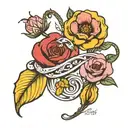 infinity symbol with small, yellow rose, small red poppy and pink cherry blossom entwined  tattoo design idea